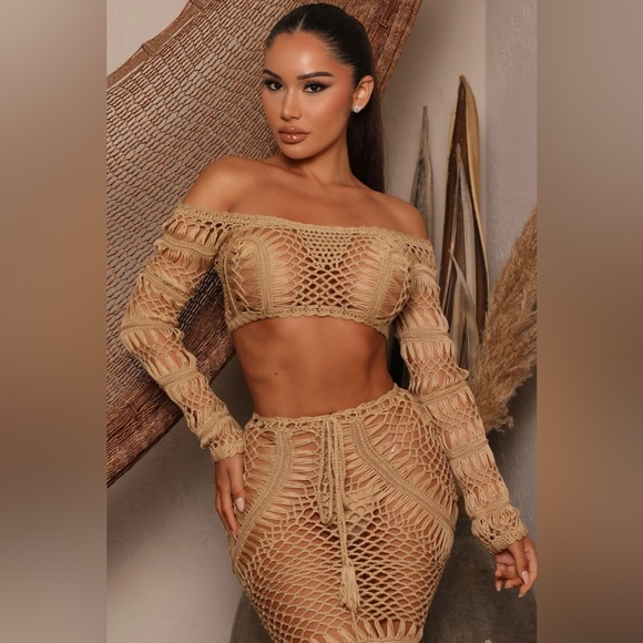Fashion Nova Watch My Body Crochet Cover Up Set Mocha